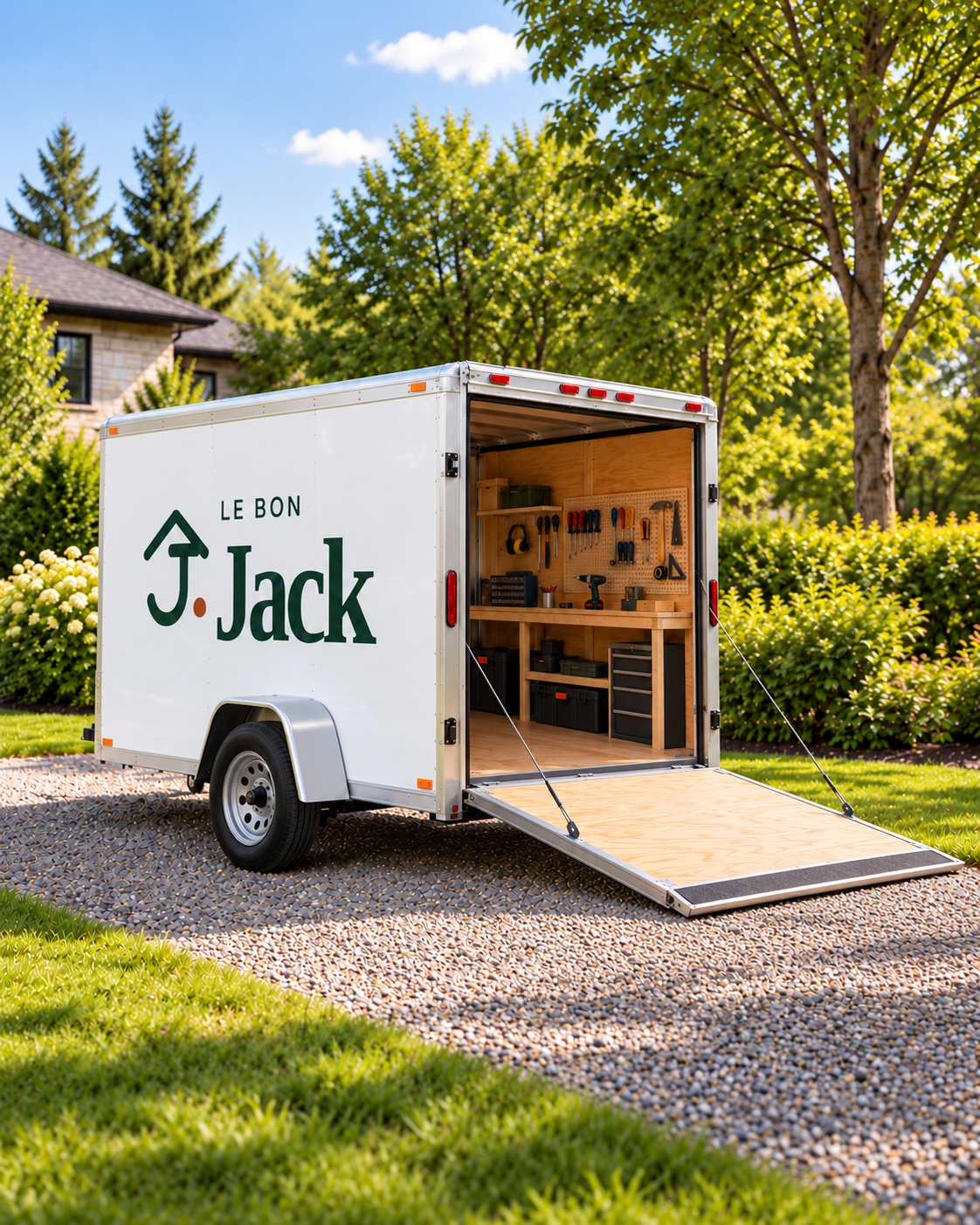 Illustration du projet de lettrage : une remorque blanche avec le logo Le bon Jack, une rampe arrière abaissée et un atelier rangé à l’intérieur.
